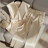 Two Piece Set - Peter Pan Collar Bow Sleeveless Vest + High Waist Wide Leg Pants