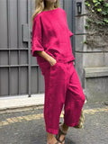 2 Piece Set - Half Sleeve O Neck Top And Loose Pocket Pant