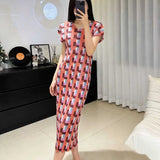 CurveKind ™ Miyake  Pleated Plaid Printed Dress