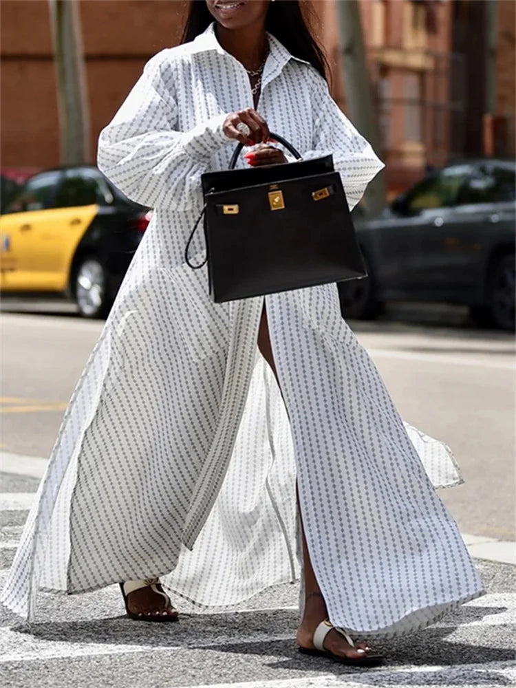 Buttoned Split-Side Cotton Maxi Shirt Dress by Crystal Crystina, alternate view 3