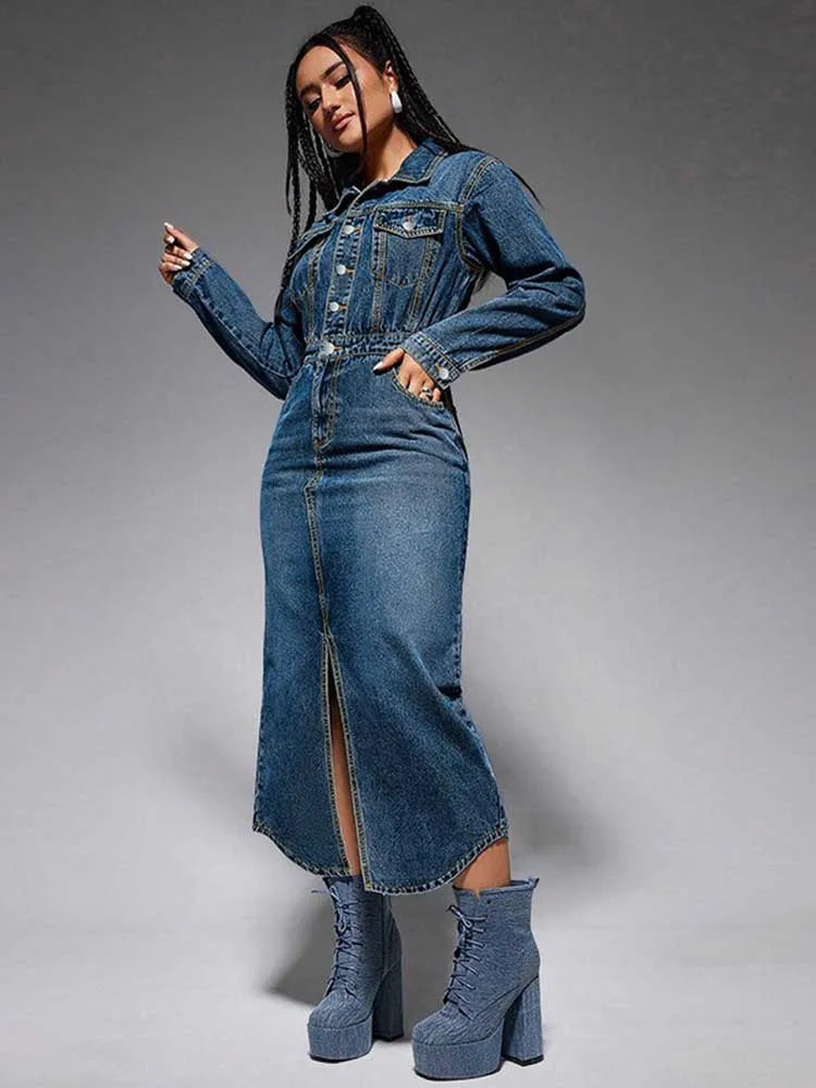 Turn-Down Collar Denim Maxi Dress by Crystal Crystina, alternate view 6