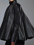 Black Faux Leather Stand Collar Pleated Top