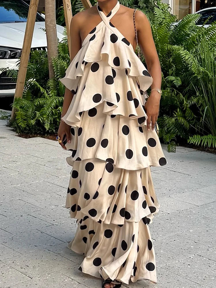 Polka Dot Halter Backless Ruffle Dress by Crystal Crystina, alternate view 4