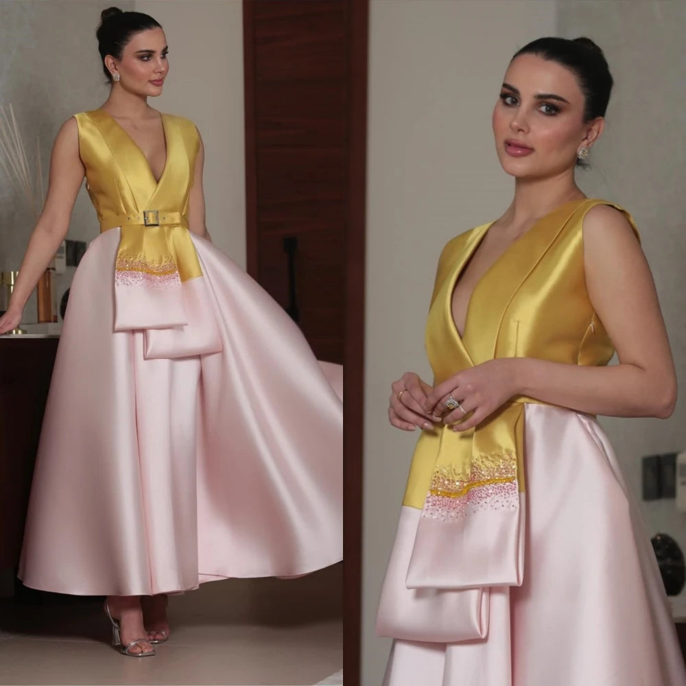 Dual Color Satin Deep V Evening Ball Gown Dress by Crystal Crystina, primary view