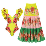 Ruffles Colorful Flower Print One Piece Swimsuit and skirt Swimwear