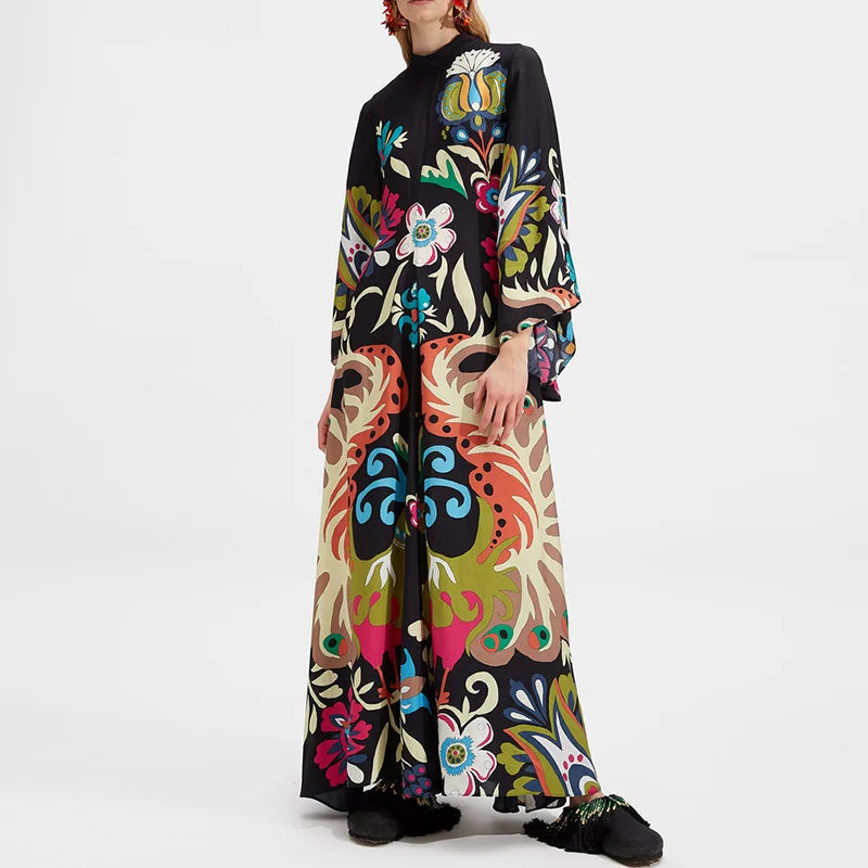 Black Multicolor Botanical Print Maxi Dress by Crystal Crystina, alternate view 2