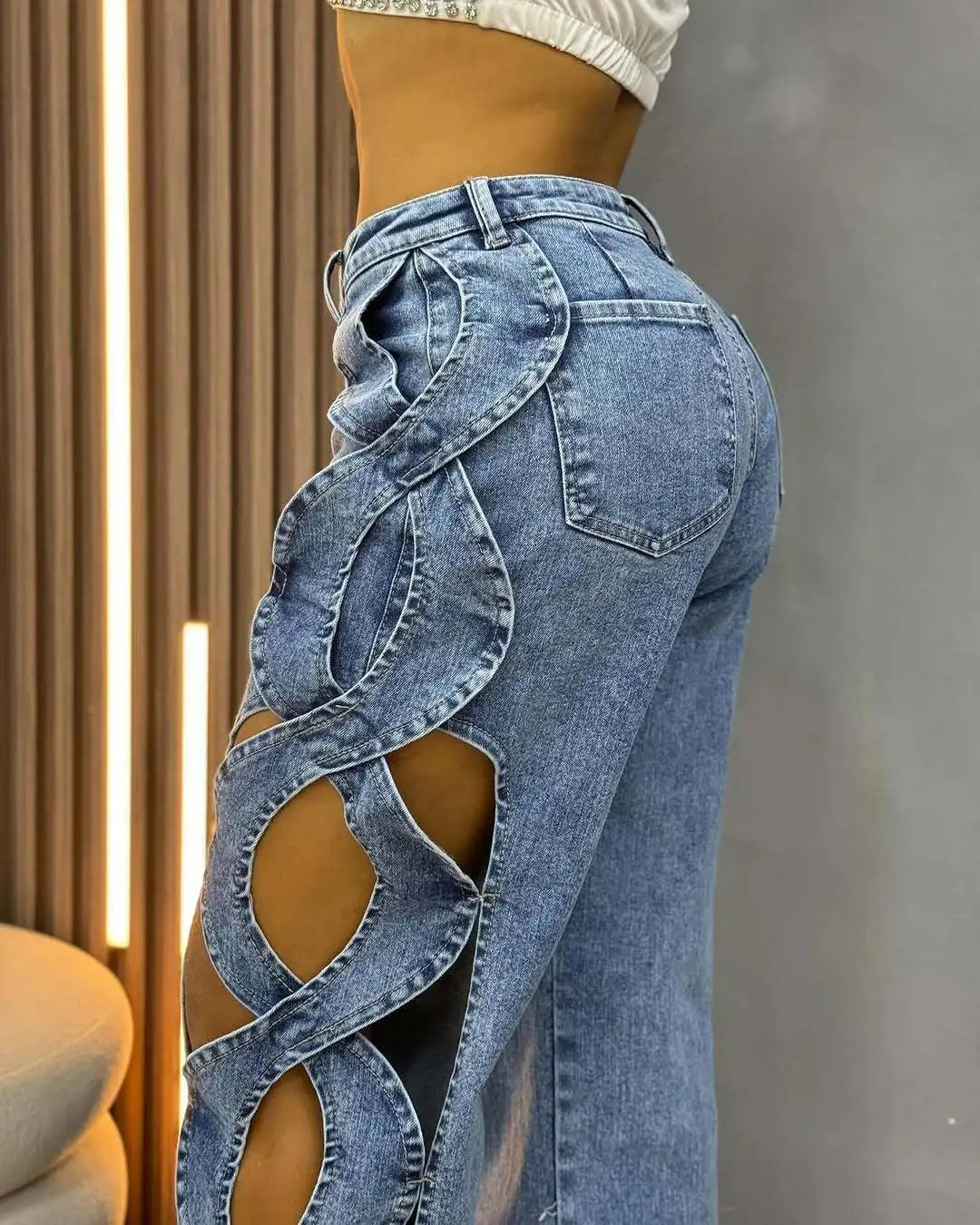 Cutout Criss-Cross Denim Pant by Crystal Crystina, primary view