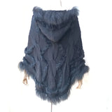 Warm Knitted Poncho With Real Raccoon Fur Stripe