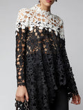 Asymmetrical Lace Top Hollow Out Shirt Long Sleeve