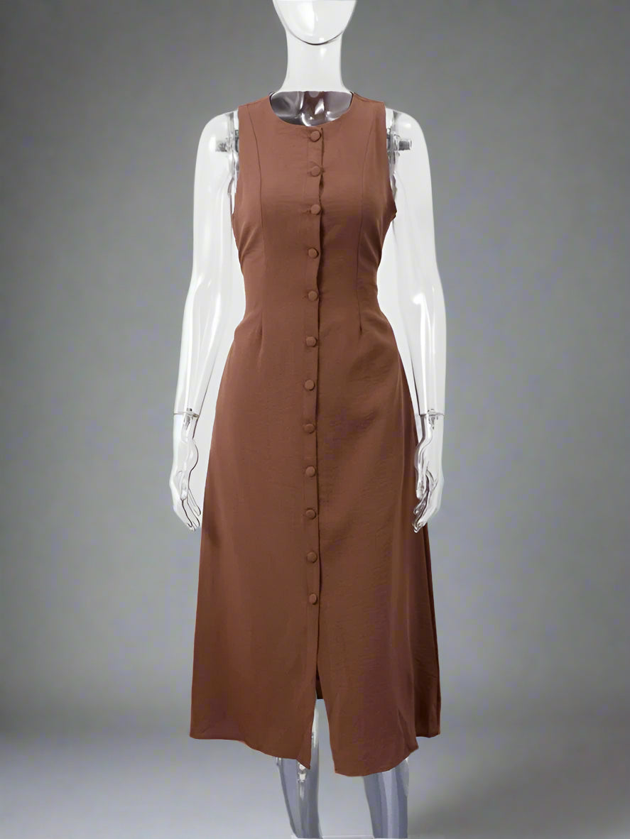 Brown sleeveless dress on a mannequin against a white background