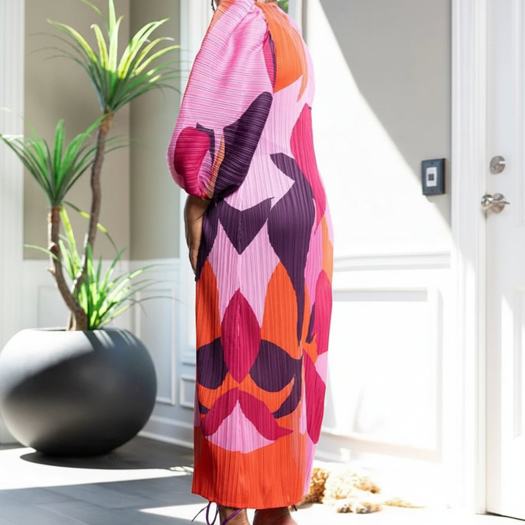 Lantern Sleeve Patchwork Pleated Dress