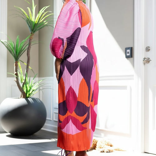 Lantern Sleeve Patchwork Pleated Dress