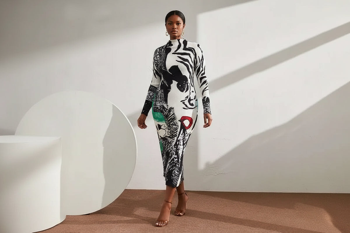 Woman wearing a long, patterned dress against a white wall.