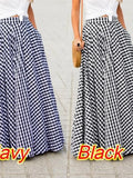 Two identical images of a person wearing a black and white checkered skirt with 'Navy' and 'Black' text overlay.