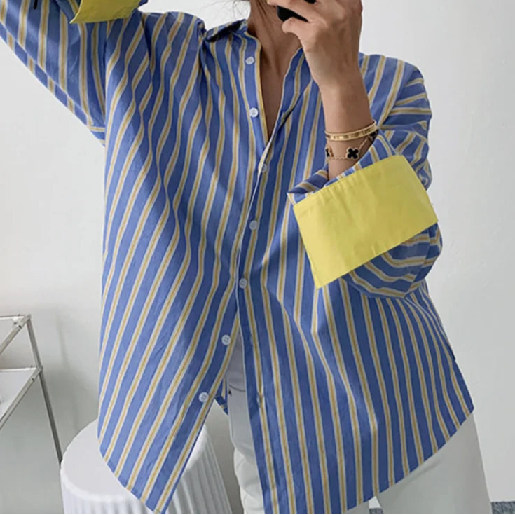 Stripe Contrast Color Patchwork Blouse
