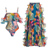 Flowers Printed One Piece Swimsuit and Skirt Beachwear Luxury Bathing Suit