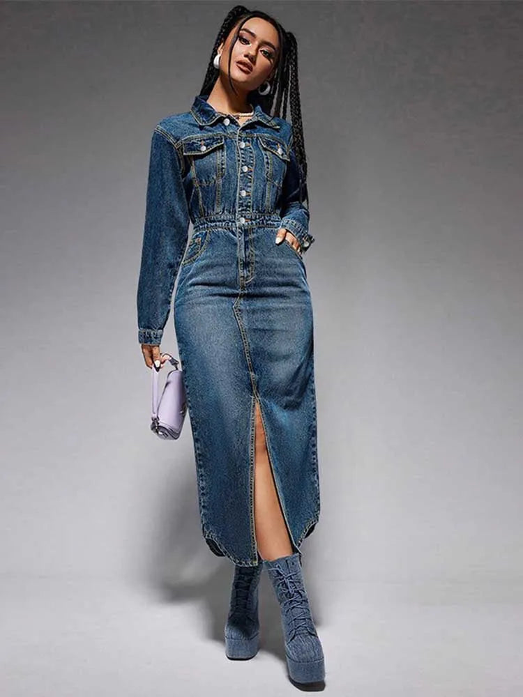 Turn-Down Collar Denim Maxi Dress by Crystal Crystina, alternate view 7