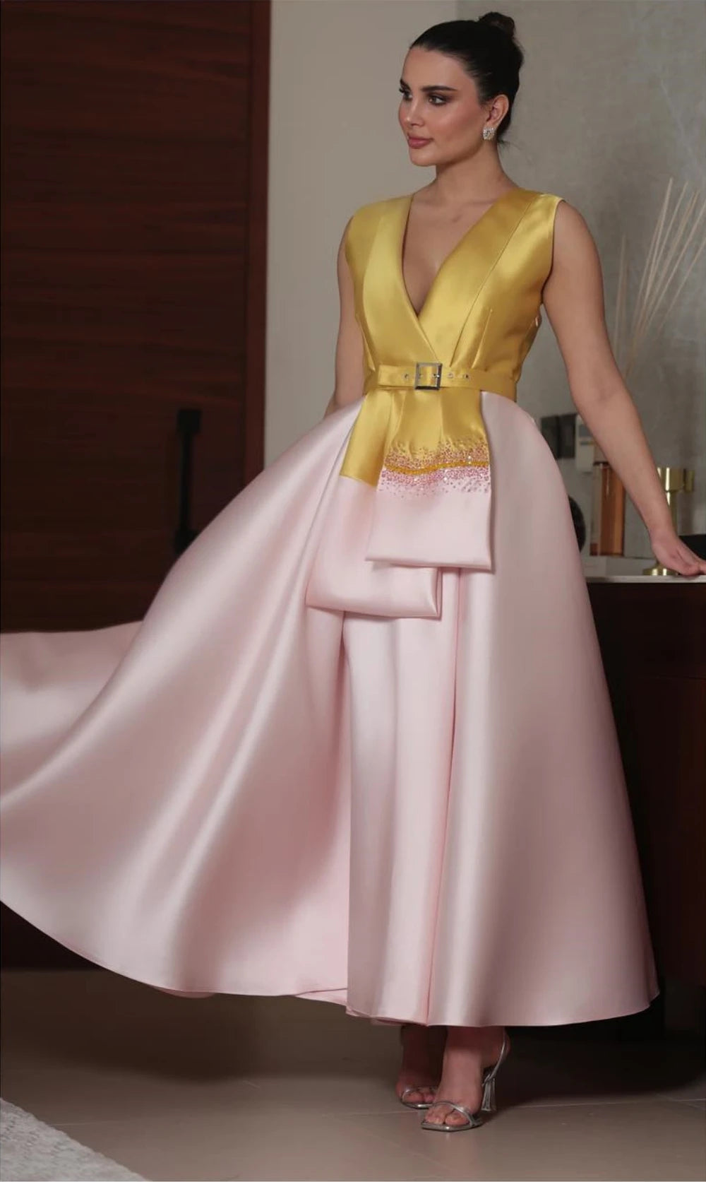 Dual Color Satin Deep V Evening Ball Gown Dress by Crystal Crystina, alternate view 5