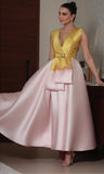 Dual Color Satin Deep V Evening Ball Gown Dress