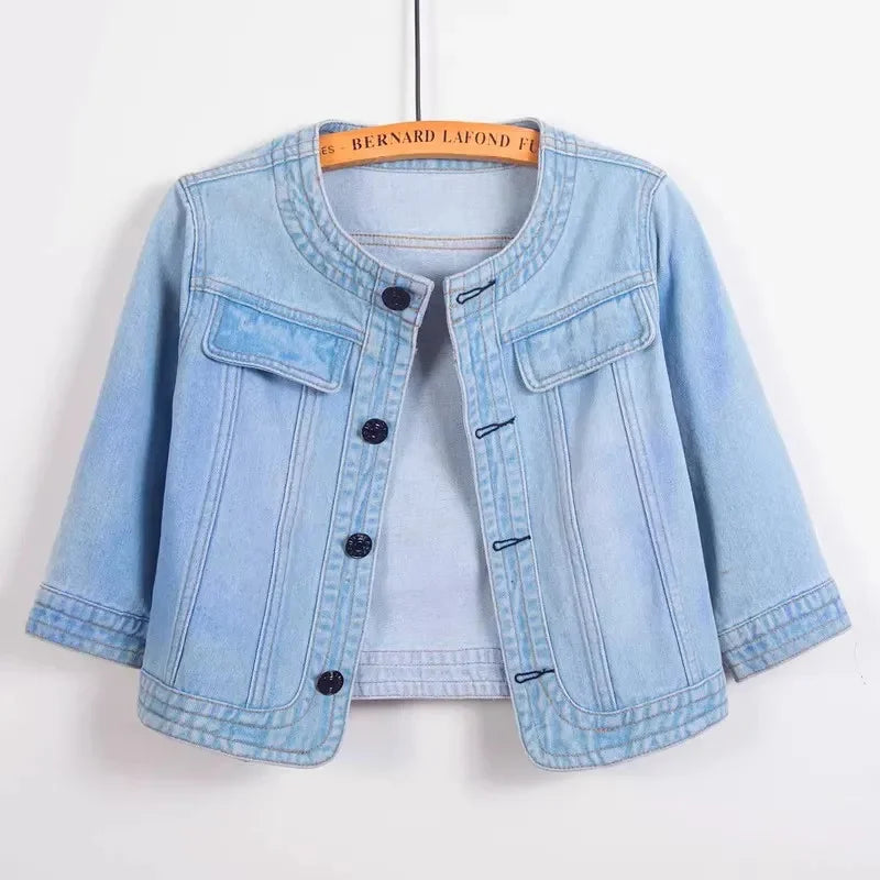 Quarter sleeved O-neck Denim Jacket by Crystal Crystina, alternate view 2