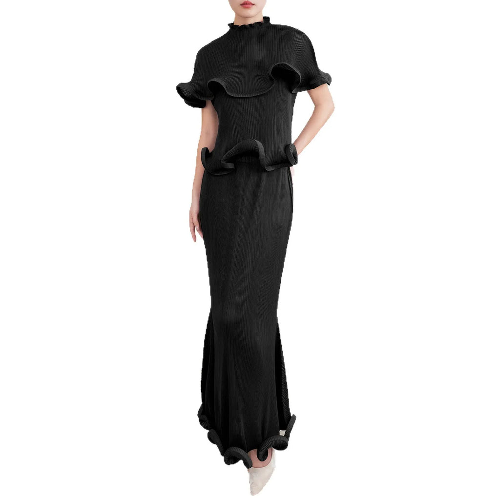 Black ruffled dress on a white background