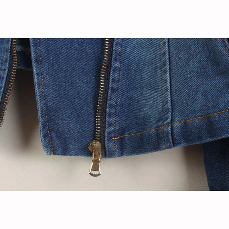 Denim Long Sleeve Convertible Notched Collar Jacket by Crystal Crystina, alternate view 6