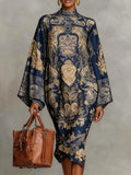 Printed High-Neck Kaftan Midi Dress