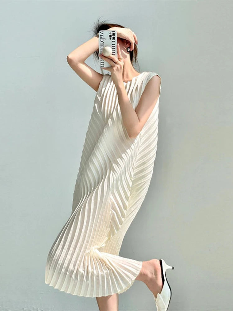 CurveKind™ Irregular Pleated Sleeveless Midi Dress by Crystal Crystina, alternate view 3