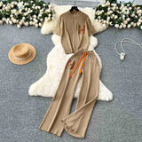 Leisure Short Sleeved Knitted Cardigan & High Waist Wide Leg Pants