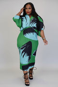 CurveKind™ Green Abstract Print Pleated Dress by Crystal Crystina