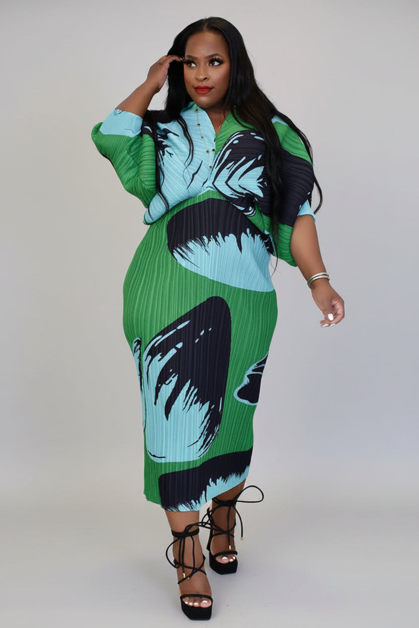 CurveKind™ Green Abstract Print Pleated Dress by Crystal Crystina
