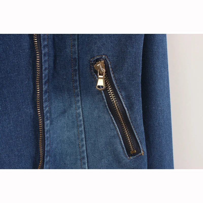 Denim Long Sleeve Convertible Notched Collar Jacket by Crystal Crystina, alternate view 5