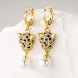 Leopard Gold Dangle Pearl and Gold Stone Embellished Earrings