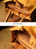 Close-up of a brown leather bag with visible stitching on a wooden surface, branded 'Peshawar Leather'.