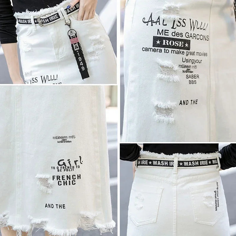 White Distressed Denim Mid-Calf Skirt by Crystal Crystina, alternate view 4
