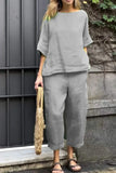 2 Piece Set - Half Sleeve O Neck Top And Loose Pocket Pant