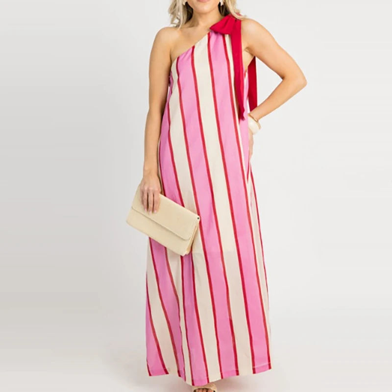 Striped Slant Neck Lace-Up Maxi Dress