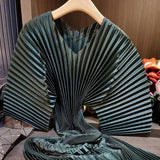 Pleated V-Neck Midi Dress with Mid Sleeves