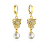 Leopard Gold Dangle Pearl and Gold Stone  Embellished Earrings 