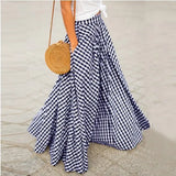 Pleated Bohemian Gingham Print A-Line Maxi Skirt with Pockets