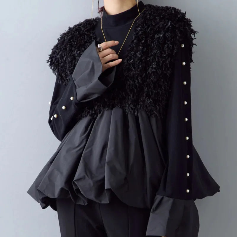 Sleeveless V- Neck Puff Bottom Feathery Detailed Vest
