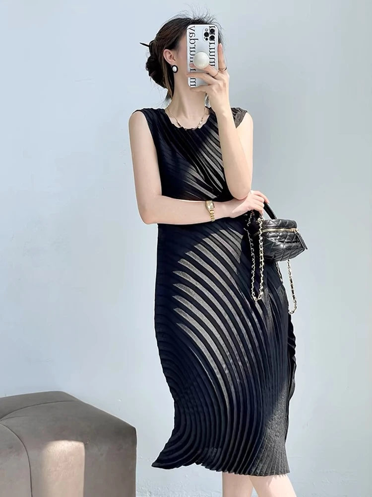 CurveKind™ Irregular Pleated Sleeveless Midi Dress by Crystal Crystina, primary view