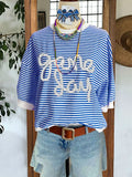 Casual Gameday Letter Striped Top Letter Pleated Blouses