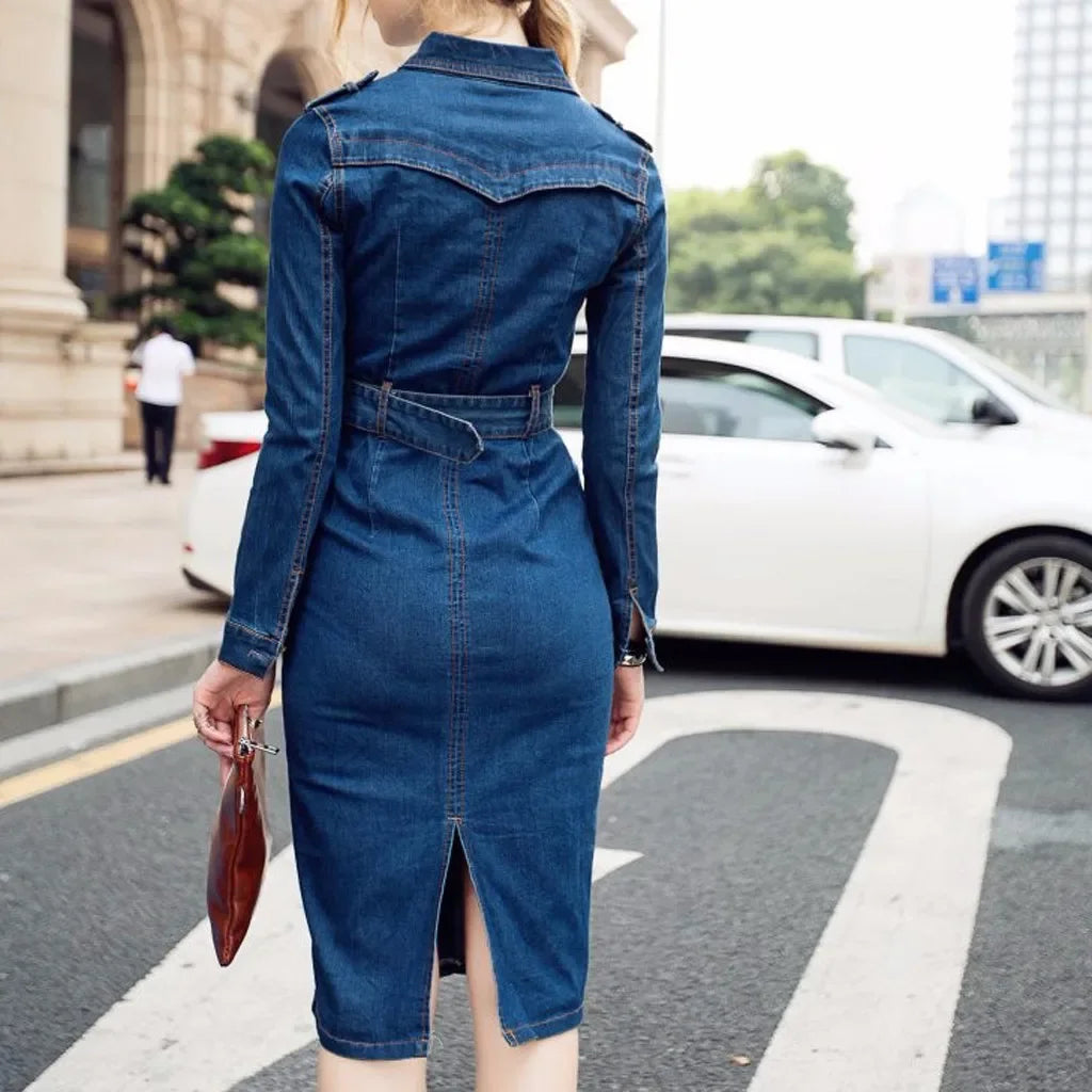 Button-Up Mid-Calf Denim Dress by Crystal Crystina, alternate view 3