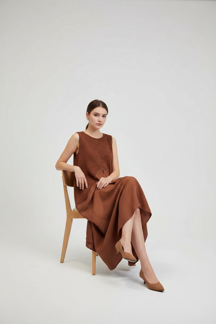 Brown sleeveless dress on a white background