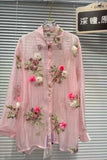 Diamonds Flowers Embroidery Long Sleeve Blouse