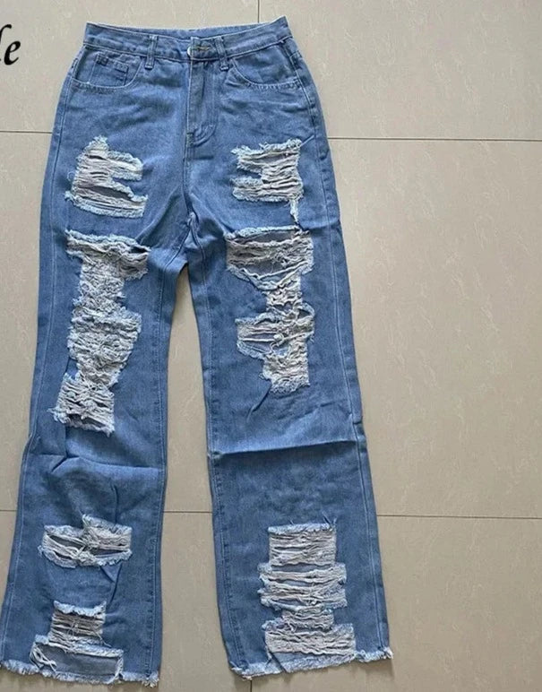 Wide Leg Ripped Denim Jeans by Crystal Crystina, alternate view 6