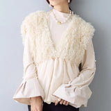 Sleeveless V- Neck Puff Bottom Feathery Detailed Vest
