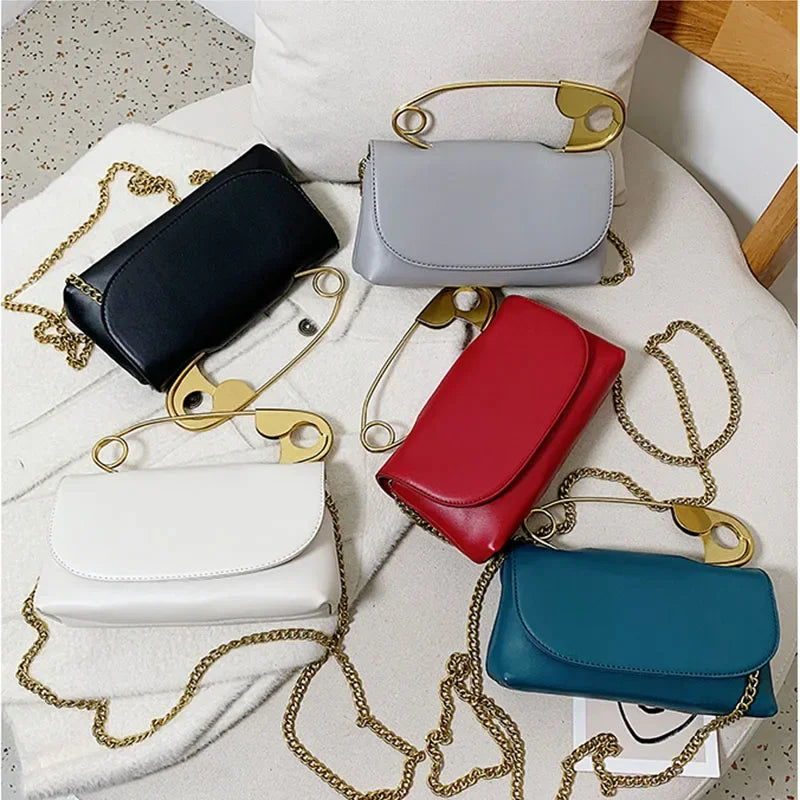 Safety Pin Leather Handbag with Shoulder Chain Strap