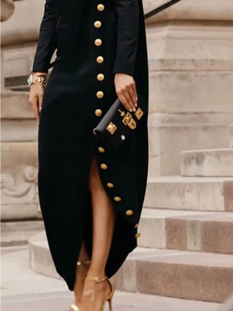 Bright Black Split Maxi Dress with Buttons
